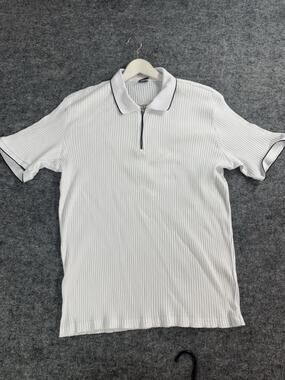 Studio Polo Shirt Mens Large White Ribbed Quarter Zip Short Sleeve Casual N166